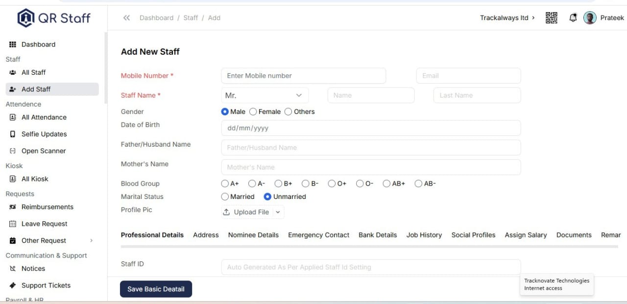 TrackAlways Staff Management Dashboard