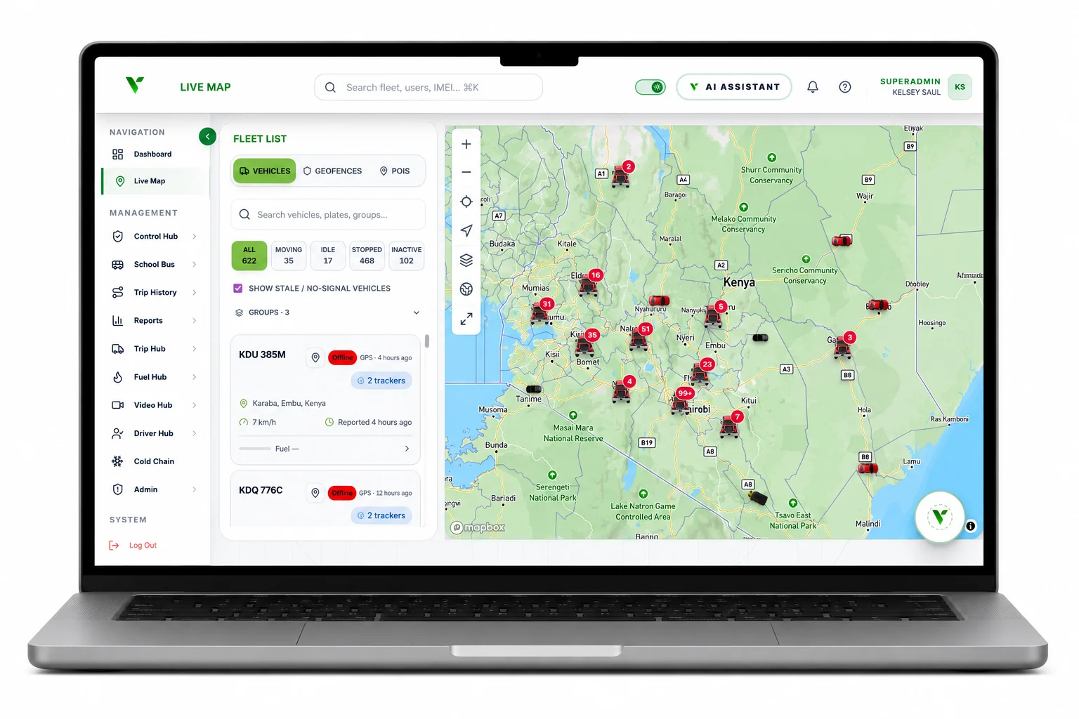 Venus Live Map displayed on a laptop with tracked vehicles across Kenya
