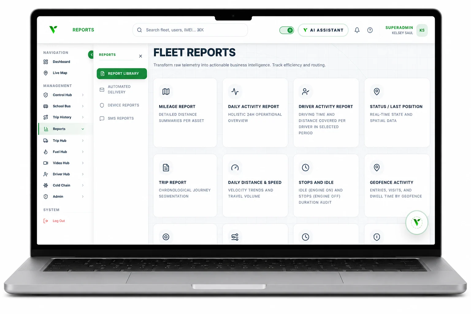 Venus fleet reports library displayed on a laptop